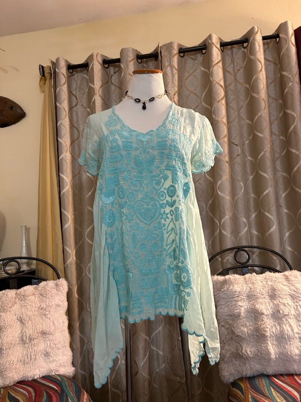 Johnny Was Aqua Embroidered Patch Top